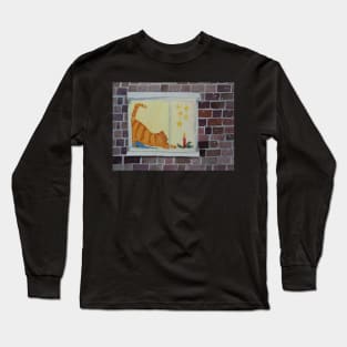 Red tabby cat in the window watercolor Christmas painting Long Sleeve T-Shirt